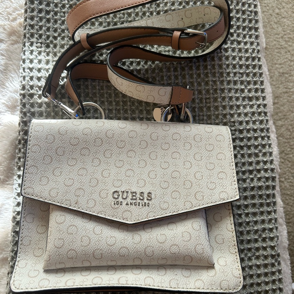 GUESS Cream and Tan Crossbody Bag